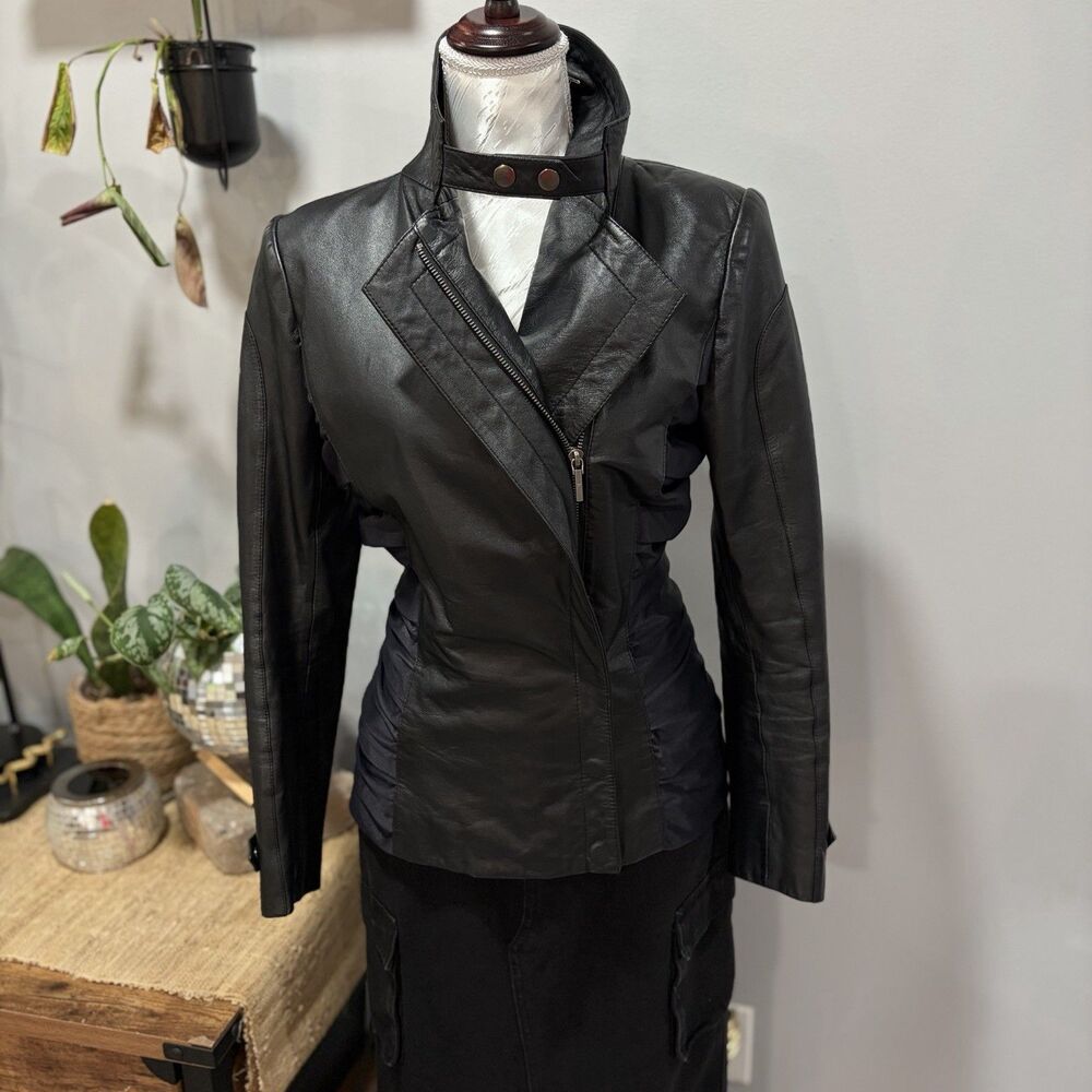 Y2K Nicole Miller Vintage Black Leather Moto Jacket Sz S Ruched Side Panel Biker
